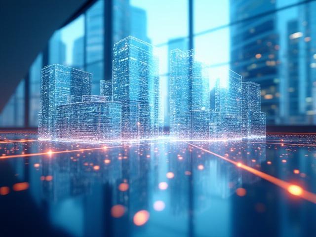 Μια φωτεινή, σύγχρονη απεικόνιση της τεχνολογίας που συναντά την αρχιτεκτονική, συμβολίζοντας την αποστολή της Erimia Estate.