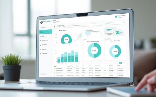 Εικόνα συστήματος διαχείρισης ακινήτων σε cloud, με διαγράμματα και δεδομένα σε οθόνη υπολογιστή.