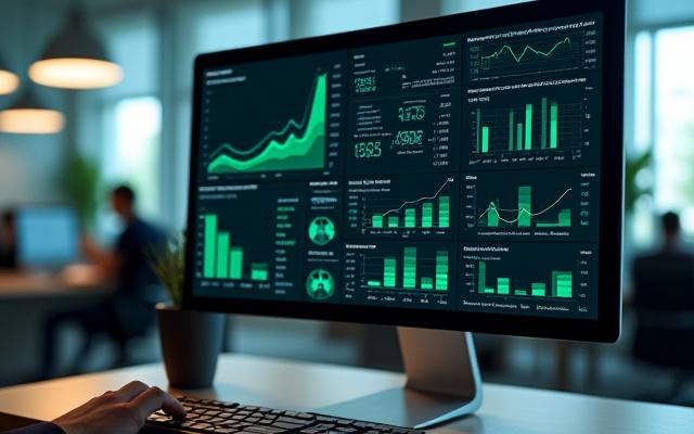 Εικόνα διαγραμμάτων οικονομικών δεδομένων και αναφορών σε οθόνη υπολογιστή, με εικονίδια ανάλυσης.
