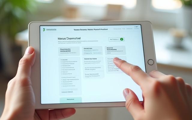 Εικόνα θυρίδας ενοικιαστή σε tablet, με επιλογές πληρωμής ενοικίου και αιτήματος συντήρησης.