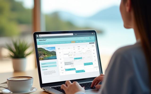 Εικόνα ατόμου που διαχειρίζεται ημερολόγιο κρατήσεων διακοπών σε laptop με φόντο παραθαλάσσιο τοπίο.